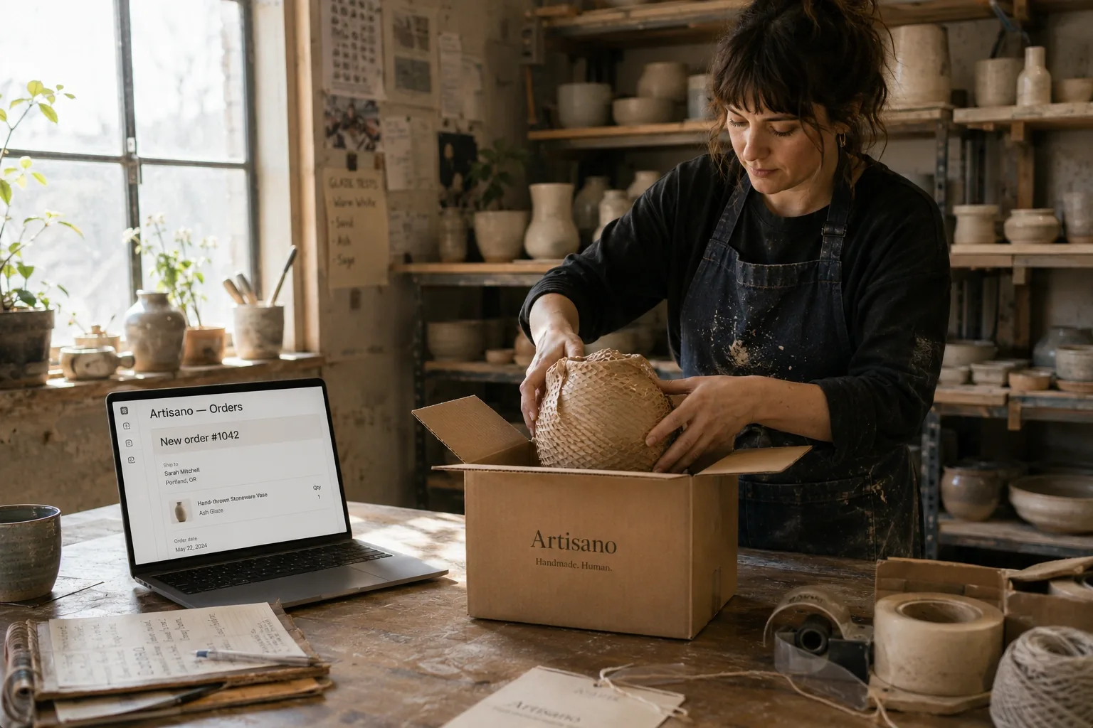 Maker packing an order in a ceramics studio beside the Artisano dashboard