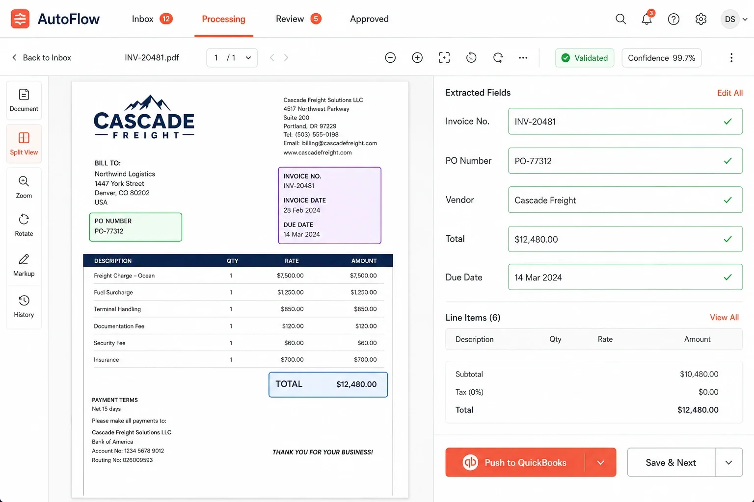 AutoFlow invoice extraction screen with validated fields and confidence score