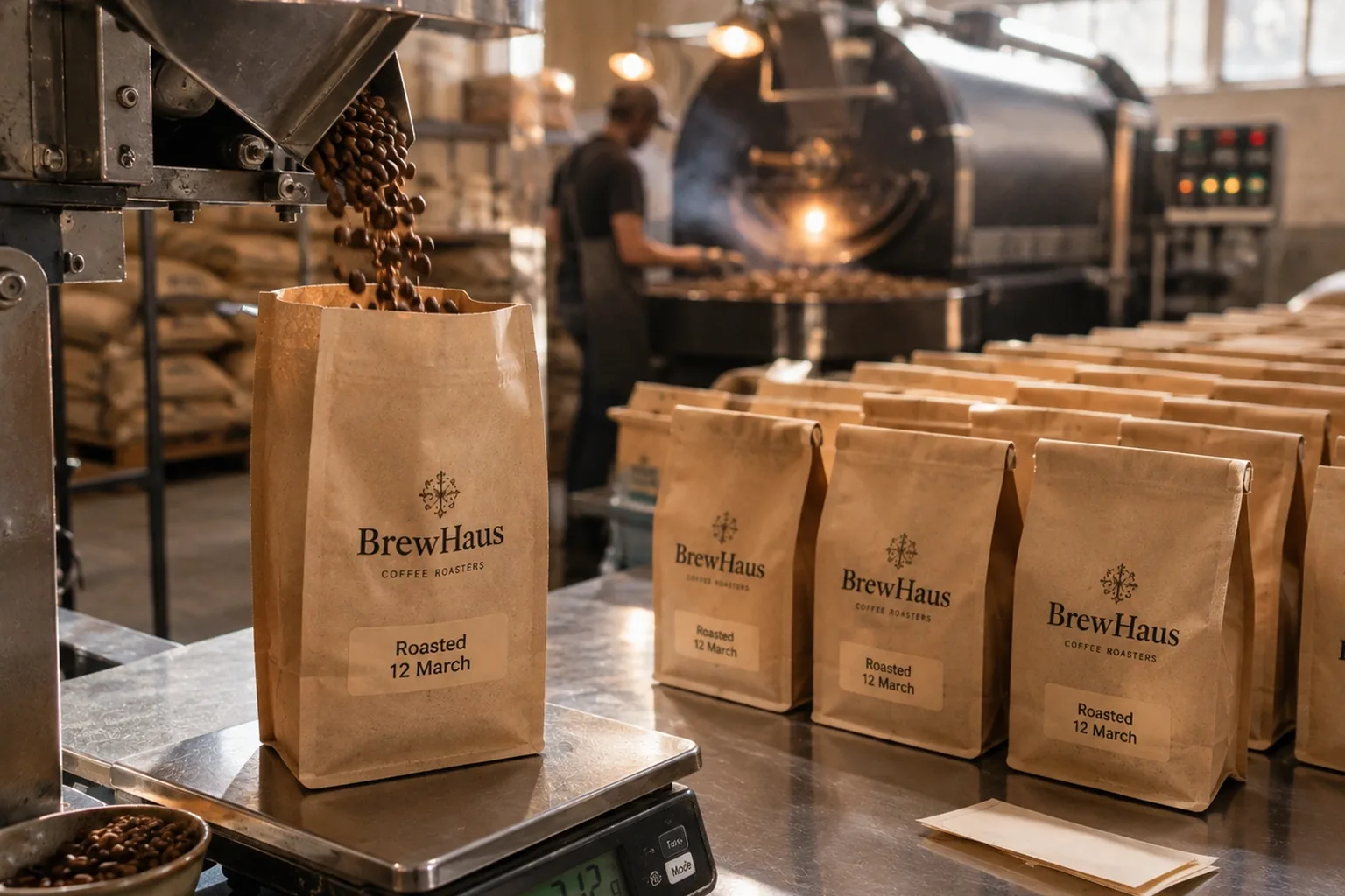 Coffee bags being filled and labelled in a small-batch roastery
