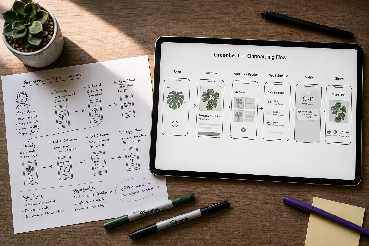 GreenLeaf onboarding flow wireframes on a tablet beside hand-drawn sketches