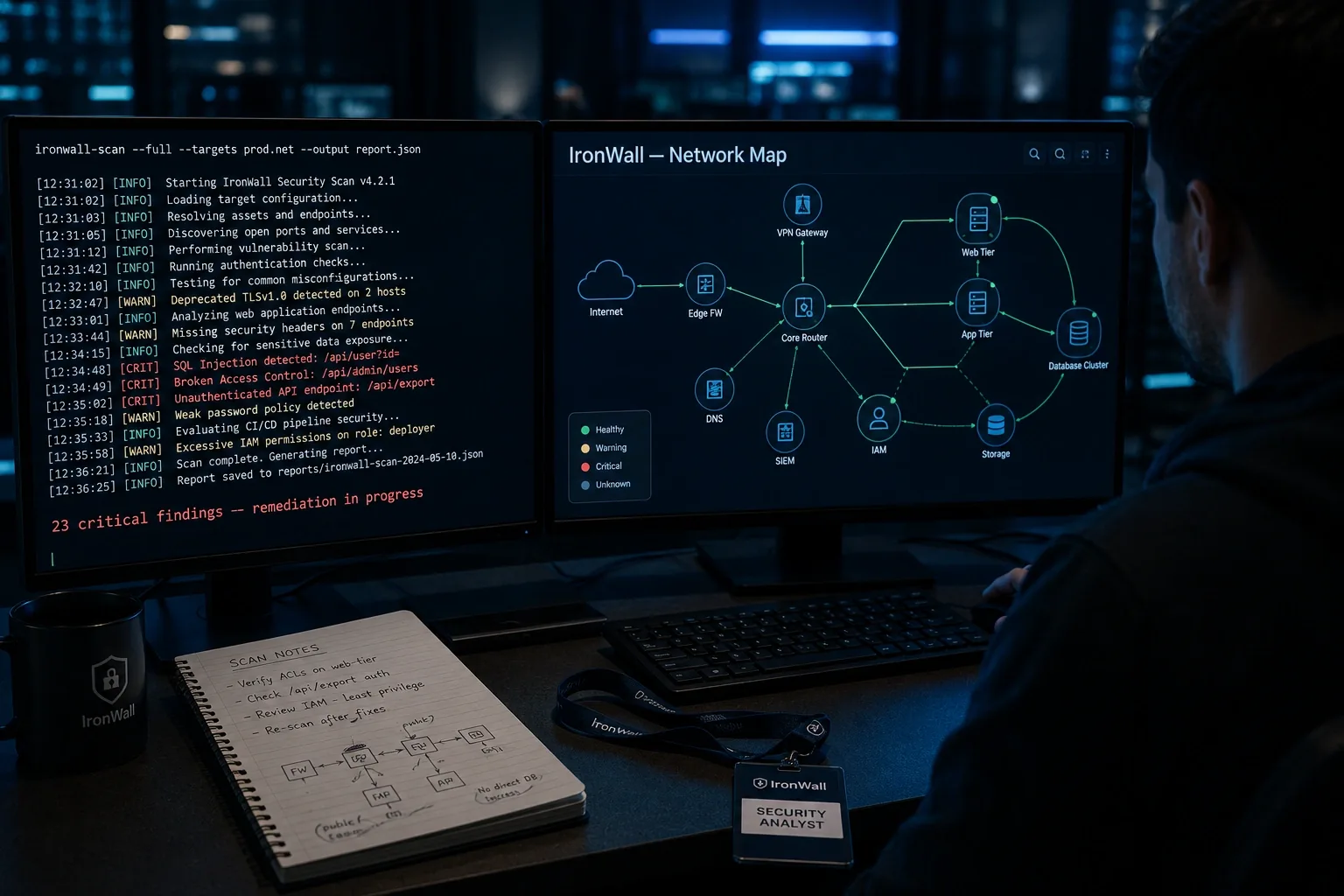 Security analyst reviewing network topology during the IronWall engagement
