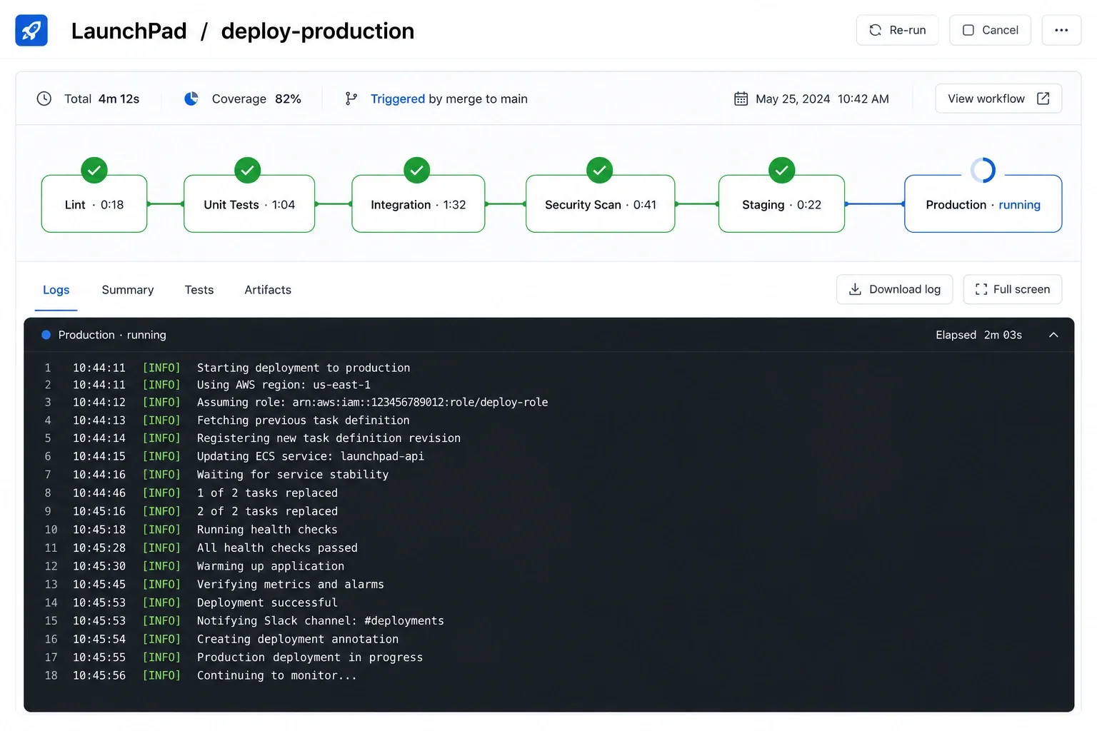 LaunchPad CI/CD pipeline run showing six completed stages