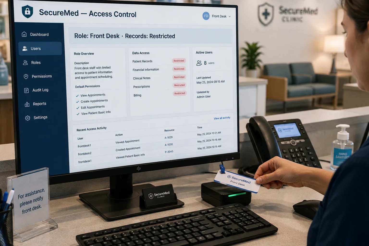Clinic workstation with badge-based access control