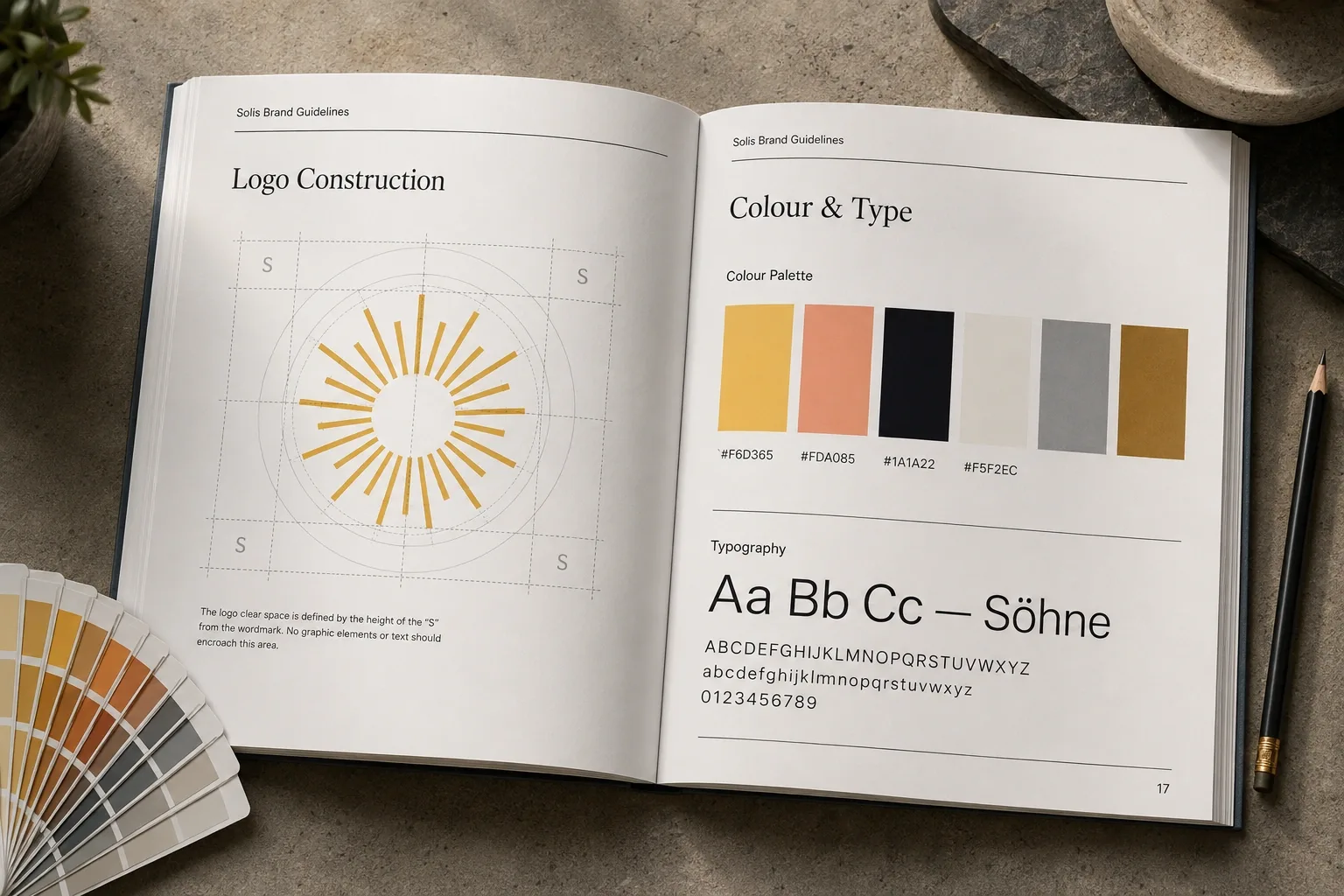 Solis brand guidelines showing logo construction and colour palette