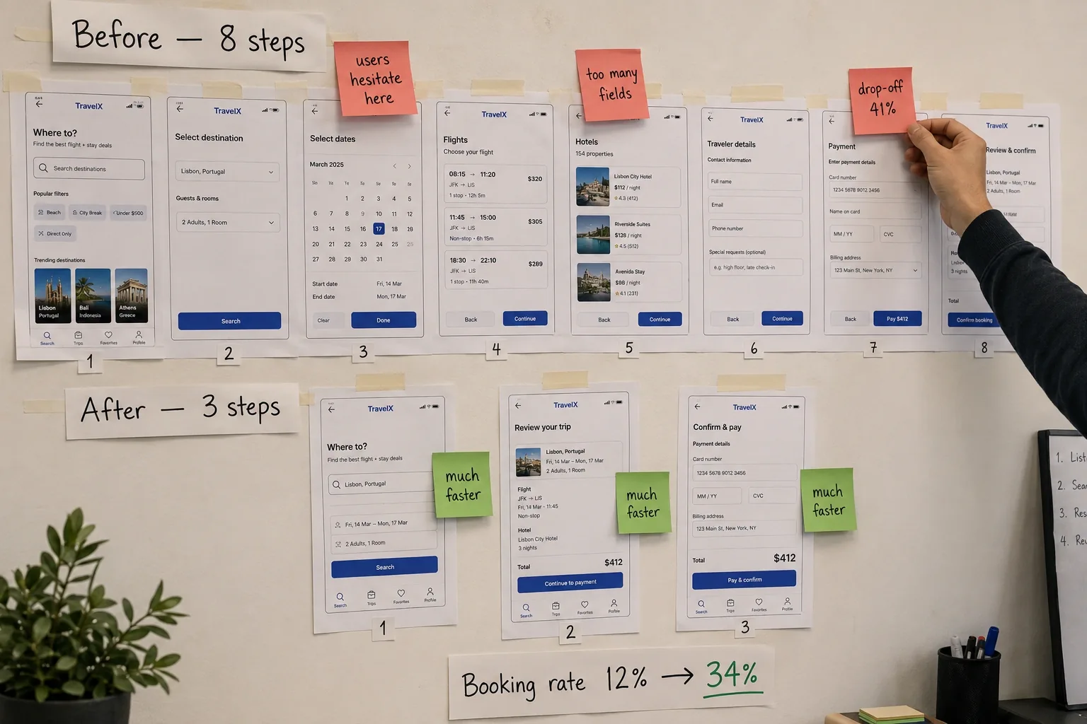 Usability testing wall comparing the old and new booking flows